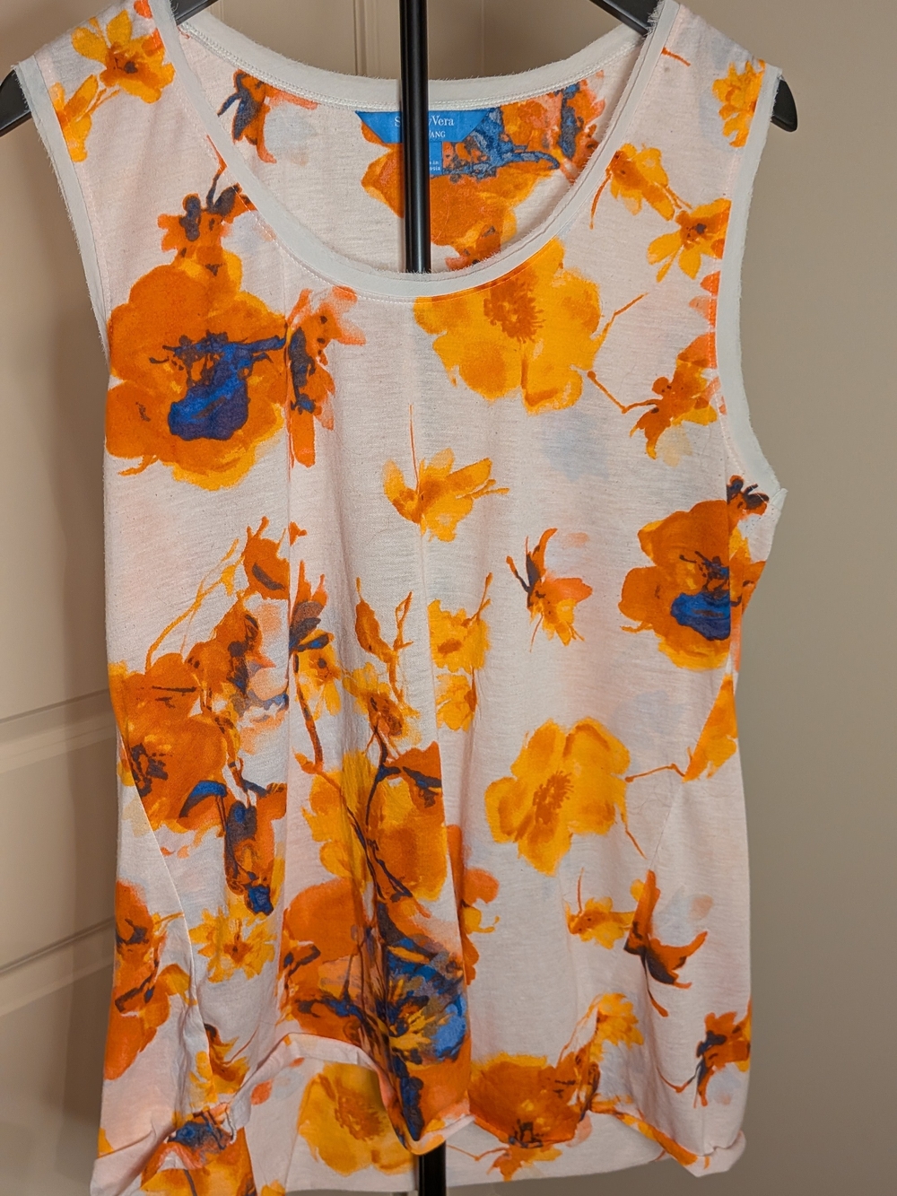 White Floral Scoop Neck Tank with Orange & Blue Blooms